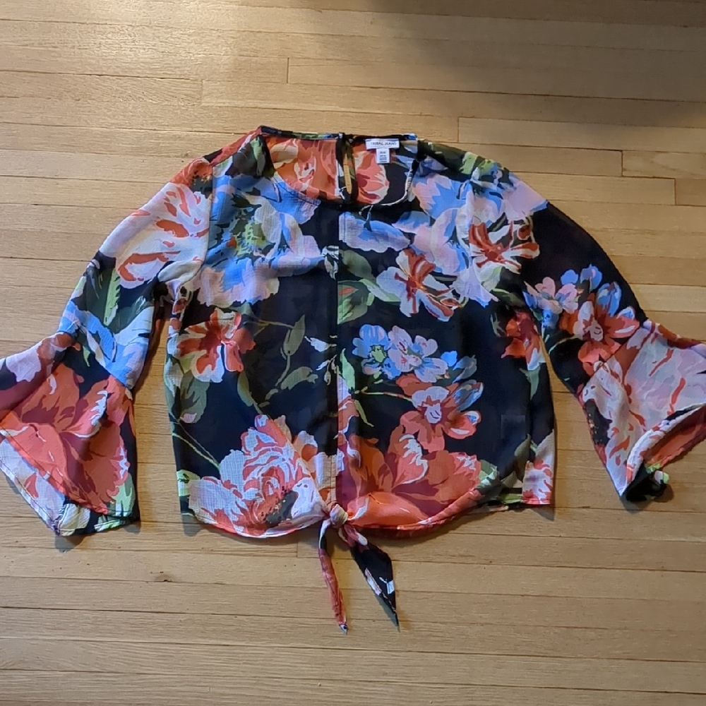 Orange and Pink Bell Sleeve Tie-Front Blouse